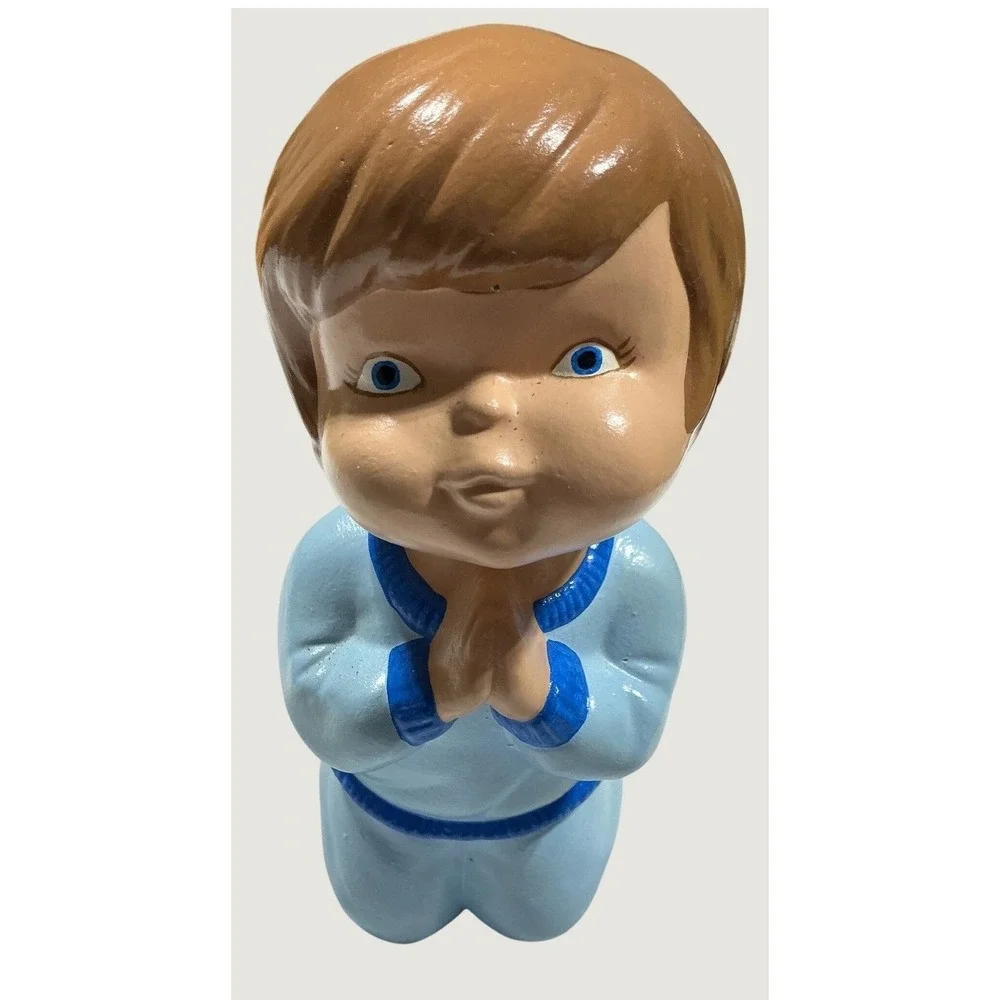 Vintage Praying Boy Figurine Blue Pajamas Kneeling Ceramic Chalkware Japan